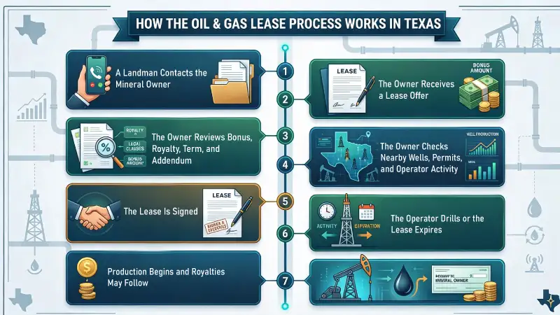 OTexas oil and gas lease process infographic explaining lease review, operator activity, signing, drilling, and royalty production stages.