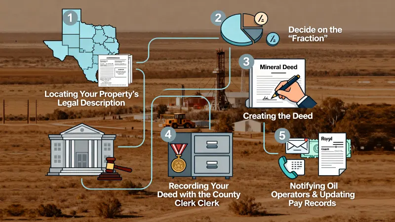 The image features a clean and informative banner titled "How to Transfer Mineral Rights in Texas," with a structured layout that highlights the essential steps for transferring mineral rights during one's lifetime. It visually represents key points such as identifying legal descriptions, creating a mineral deed, and the importance of notifying the County Clerk and oil companies, ensuring clarity for mineral owners navigating the transfer process.