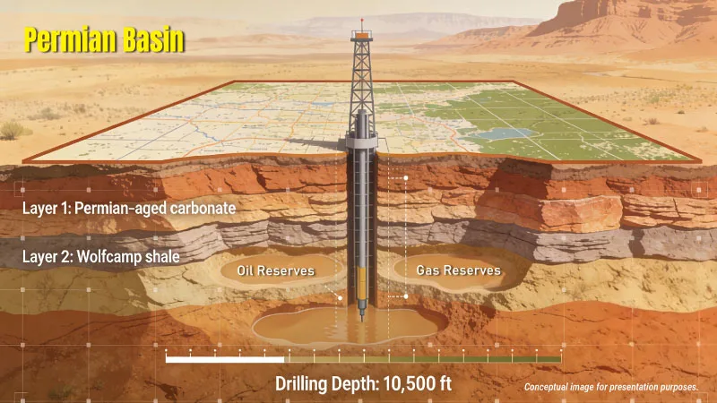Cross-sectional illustration of the Permian Basin showing subsurface geology, including Permian-aged carbonate layers and the Wolfcamp shale, with vertical drilling depth and oil and gas zones used to explain how geology and well depth influence mineral rights value.