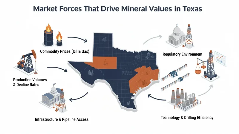 Market forces that drive mineral values in Texas, including commodity prices, production volumes, infrastructure, regulation, and drilling technology.