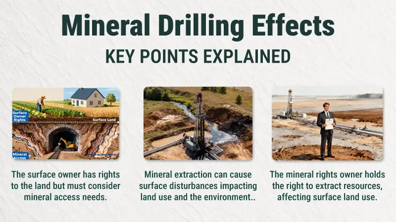 An infographic titled 'Mineral Drilling Effects' uses three panels to illustrate the balance between surface land rights and underground mineral access needs. It visually depicts how mineral extraction rights take priority, often causing environmental disturbances and impacting the surface owner's land use.