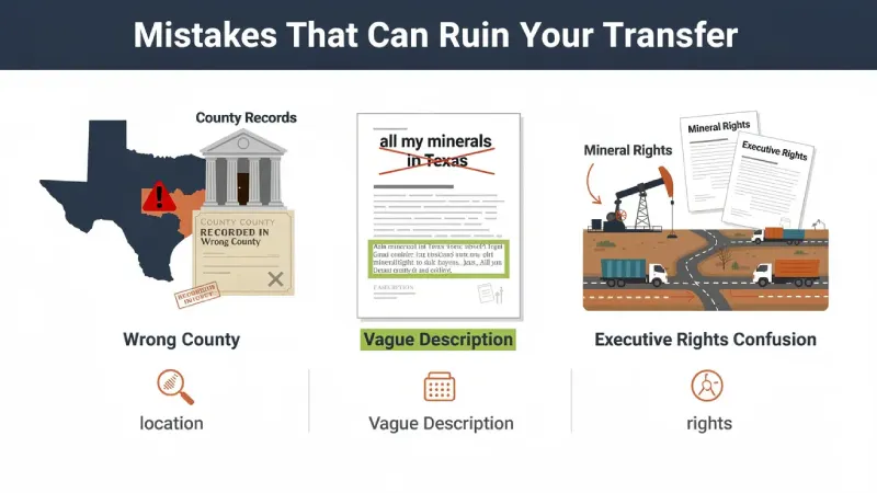 The image depicts a checklist with items related to transferring mineral rights in Texas, emphasizing important aspects like specifying the county, avoiding vague descriptions, and acknowledging surface owners. It serves as a visual guide for mineral owners to understand the critical steps in the transfer process to ensure a successful mineral deed transfer.