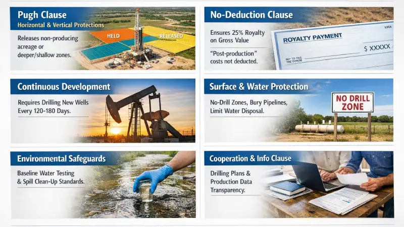 Infographic highlighting key oil and gas lease clauses including Pugh clause, no-deduction clause, continuous development, and surface protection. Visual guide explaining mineral rights protections, environmental safeguards, and royalty terms in oil and gas lease agreements.