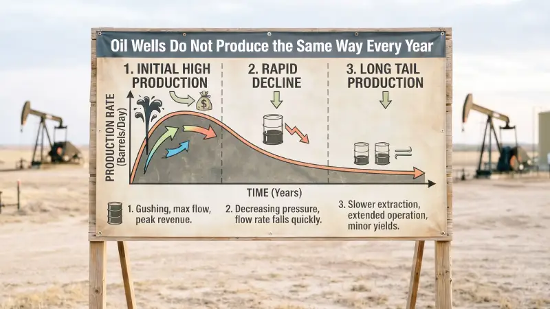 Illustration showing the oil well production lifecycle with three stages: initial high production, rapid decline, and long-tail production over time, explaining how oil wells produce differently each year. Production curve chart displayed in an oil field setting with pumpjacks in the background, helping mineral owners understand how oil and gas well output declines and stabilizes over the life of a well.