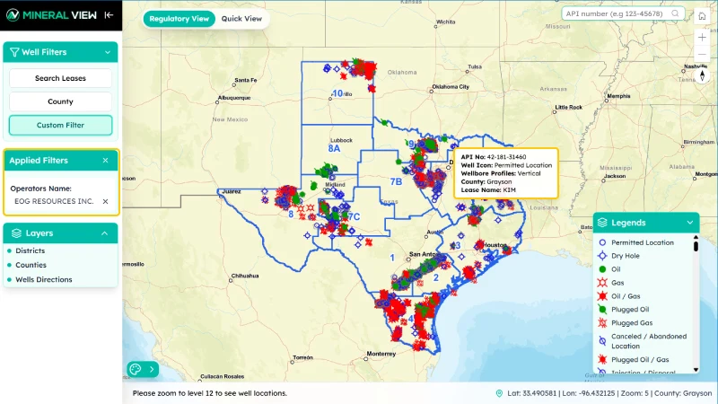 Texas Oil and Gas map showing operator wells, permit locations, and oil & gas activity across Texas counties for accurate property valuation.