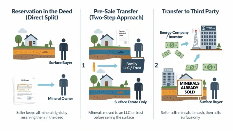 The image illustrates the concept of mineral ownership separation, highlighting three options for sellers: reserving mineral rights in the deed, using a pre-sale transfer to clarify ownership, or selling minerals to a third party. It visually depicts the relationship between surface and mineral rights, emphasizing the importance of legal documentation in real estate transactions.