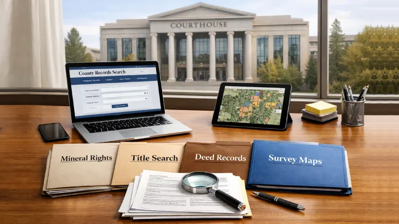 The image illustrates a roadmap for organizing mineral rights information, featuring key elements such as a county records office, property deeds, and detailed records. It highlights the importance of accurately tracking mineral rights ownership and legal descriptions to ensure a clear ownership chain for property owners.