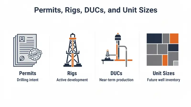 Permits, rigs, DUCs, and unit sizes that indicate drilling activity and mineral value potential in Texas oil and gas plays.