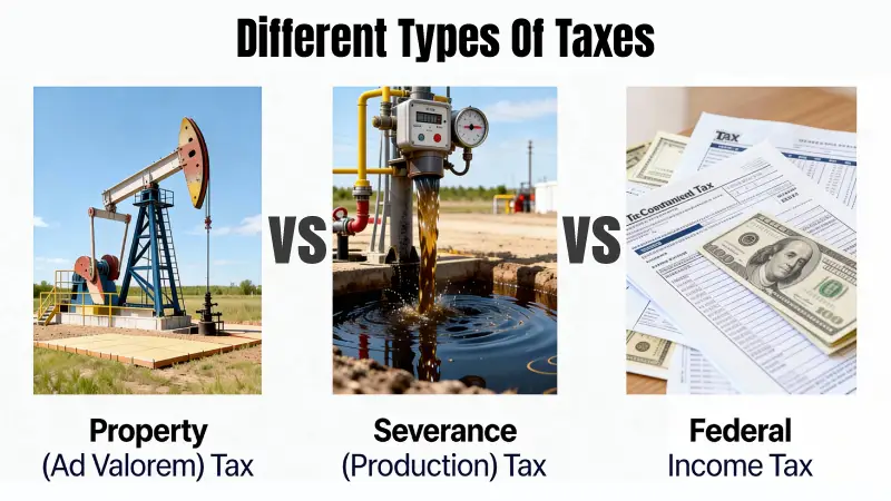 Banner illustrating different types of taxes with three panels comparing Property (Ad Valorem) Tax, Severance (Production) Tax, and Federal Income Tax.