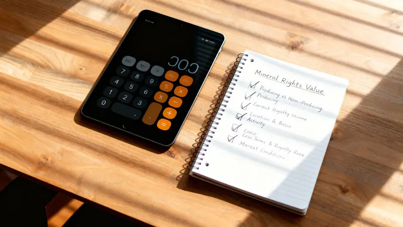 Calculator and notebook checklist used for evaluating mineral rights value, representing steps such as reviewing production status, royalty income, lease terms, basin location, and current market conditions.