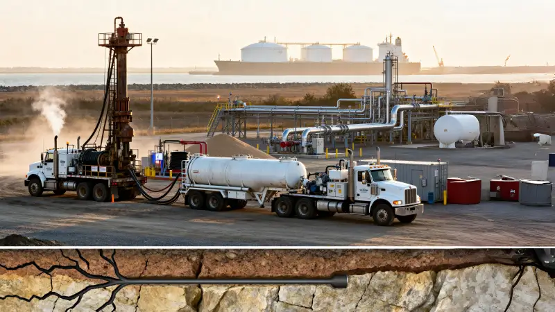 Texas hydraulic fracturing site with drilling rig, water transport trucks, pipelines, and oil storage tanks during shale oil production