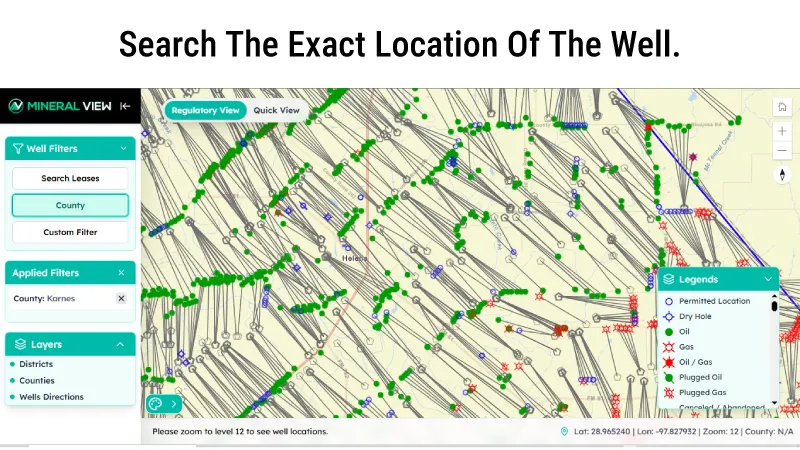 A Mineral View map interface displaying a dense network of oil and gas well locations in Karnes County, Texas, with a legend key identifying well types like oil, gas, and dry holes. The dashboard includes sidebar search filters and layer options to help users pinpoint exact well coordinates and view regulatory details.