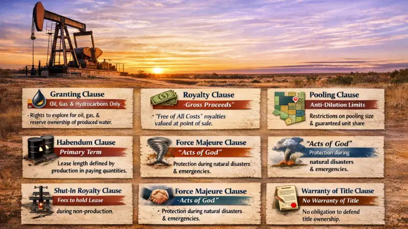 Infographic of oil and gas lease clauses showing granting clause, royalty clause, pooling, habendum, force majeure, and shut-in royalty terms. Visual guide explaining mineral rights lease agreements, ownership rights, and royalty provisions in oil and gas contracts.