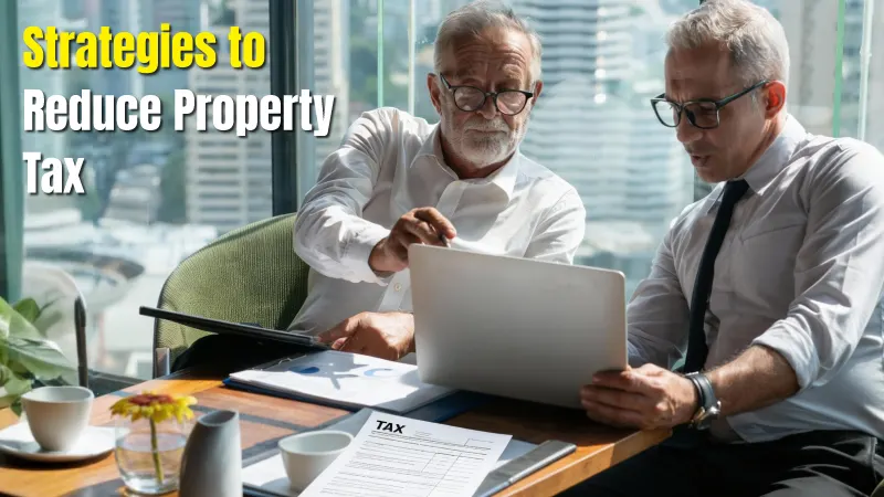 Banner showing two professionals reviewing financial documents and a laptop while discussing strategies to reduce property tax.