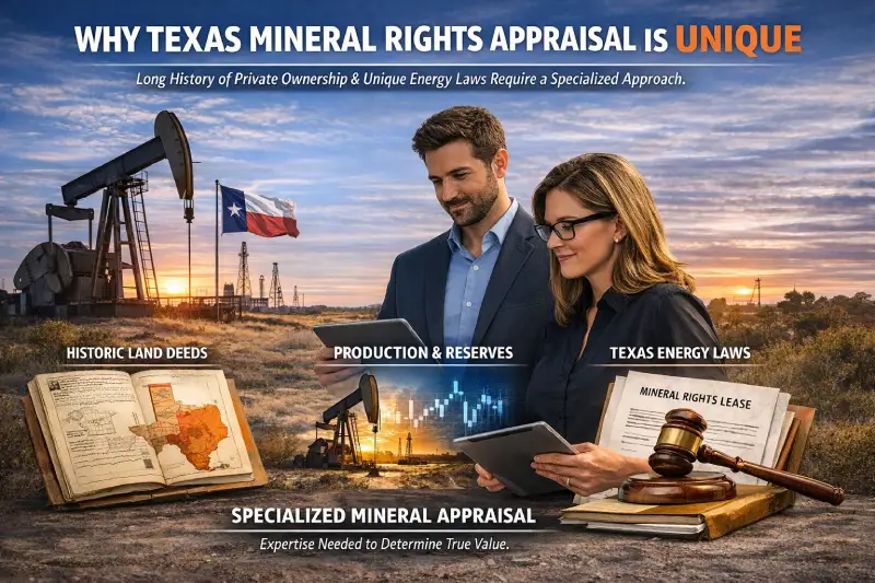 Texas Mineral Rights Appraisal overview showing oil reserves, land deeds, production data, and energy laws that impact mineral property valuation in Texas.