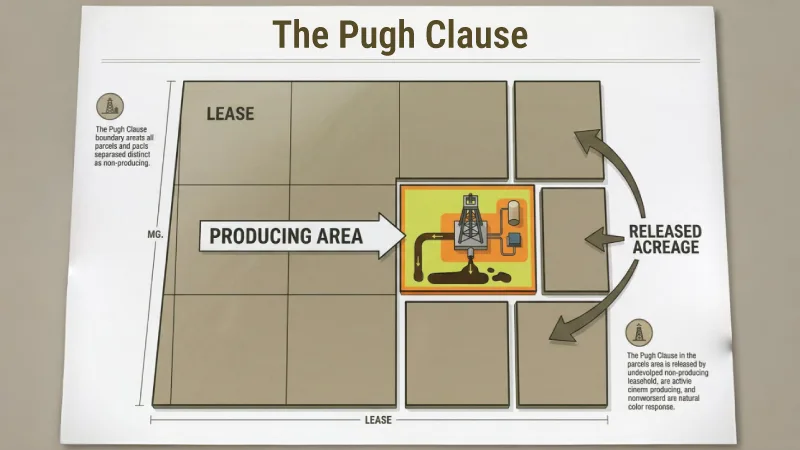 Diagram illustrating the Pugh Clause in an oil and gas lease, showing a central producing area with surrounding leased acreage divided into sections. Non-producing sections outside the producing unit are released back to the mineral owner while only the producing area remains under lease.