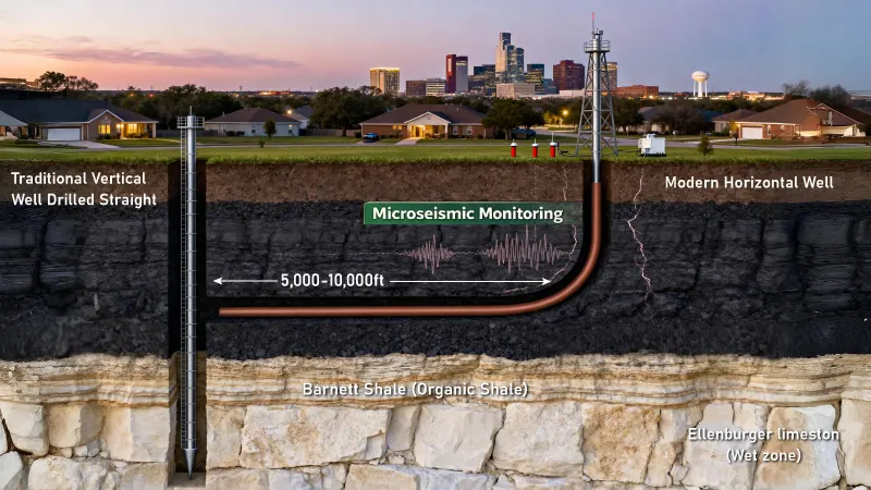 Barnett Shale horizontal drilling vs vertical well comparison illustrating 5,000–10,000 ft lateral section and microseismic monitoring in Texas