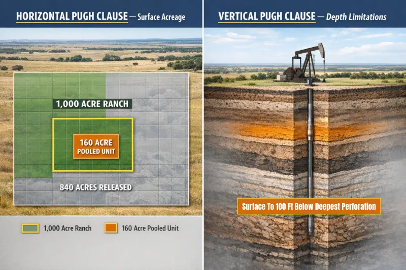 Infographic comparing a Horizontal Pugh Clause and Vertical Pugh Clause in an oil and gas lease. Left side shows a 1,000-acre ranch with a 160-acre pooled unit and 840 acres released, while right side illustrates depth limitations below the deepest perforation in a producing well.