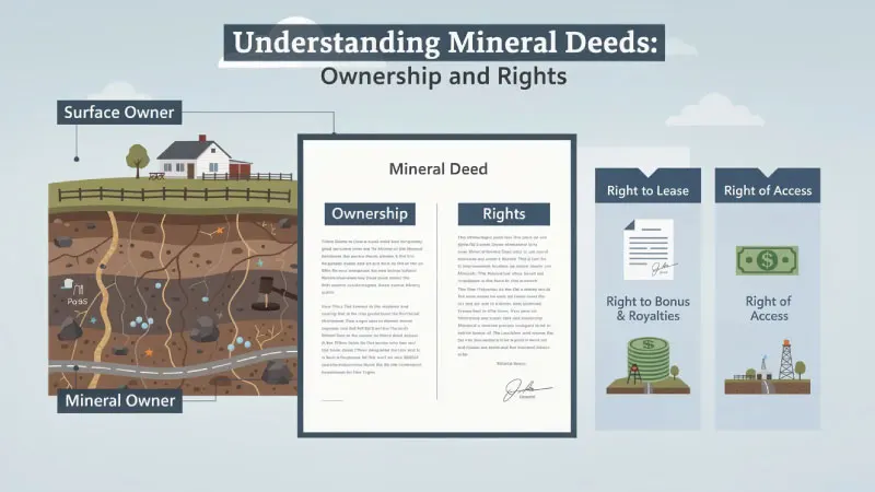 The image illustrates various legal documents related to mineral deeds, highlighting concepts such as mineral rights, ownership of valuable minerals beneath the surface, and the roles of mineral owners and royalty deed holders. It emphasizes the importance of understanding mineral interests in relation to surface property and the implications of mineral transactions for economic benefits.