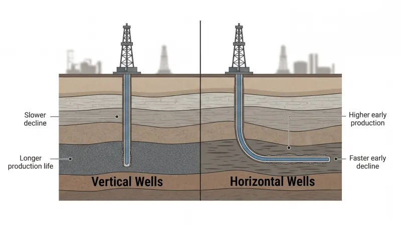 Illustration comparing vertical vs horizontal oil wells, showing drilling paths underground and explaining how vertical wells decline slower with longer production life while horizontal wells produce higher early output but decline faster.