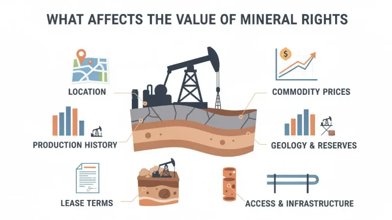 Diagram illustrating key factors that affect mineral rights value, including location, production history, commodity prices, geology and reserves, lease terms, and access to infrastructure such as pipelines and processing facilities.