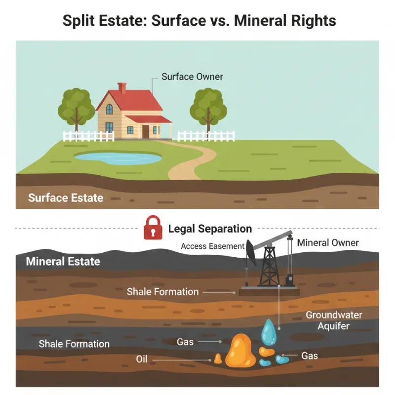 Diagram of a split estate showing surface rights with a residential home and subsurface mineral rights with oil and gas deposits. A "Split Estate" occurs when the surface land and the minerals beneath it are owned by two different parties, a common scenario when a seller retains mineral rights in Texas.