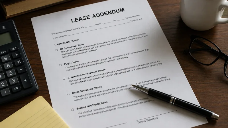 Oil and gas lease addendum paperwork with royalty, depth, and surface protection terms reviewed before signing a mineral lease.