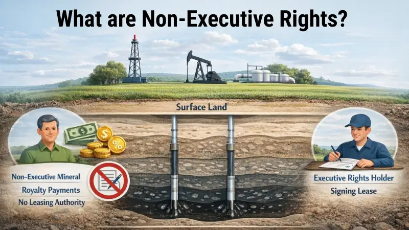 An illustration showing non-executive mineral rights with royalty payments and no leasing authority, alongside an executive rights holder signing a lease. A cross-section of the land with surface rights, depicting non-executive and executive rights, and the roles of each in oil and gas agreements.