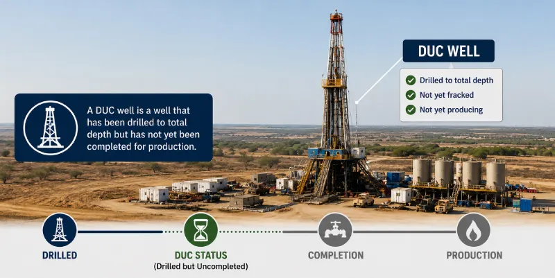 Infographic-style banner explains the transition from drilled well to completion and production, helping mineral owners understand why royalties may be delayed.
