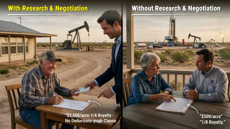 Left side: A landowner signs a mineral lease at a small outdoor table near an oil pumpjack while a company representative hands him a check, labeled “Without Research & Negotiation,” showing low terms of $500 per acre and 1/8 royalty. Right side: The same landowner meets with a representative on a porch overlooking oil operations, labeled “With Research & Negotiation,” highlighting improved lease terms of $2,500 per acre, 1/4 royalty, no deductions, and a Pugh clause after careful review and negotiation.