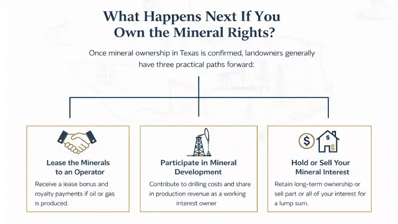 The image illustrates the three main paths for landowners in Texas after confirming mineral ownership, highlighting options such as negotiating with oil and gas companies for lease agreements, understanding the legal landscape surrounding mineral rights, and considering the potential for royalty payments from oil production on their property. The visual emphasizes the importance of informed decisions and legal guidance in navigating the complexities of the oil and gas industry.