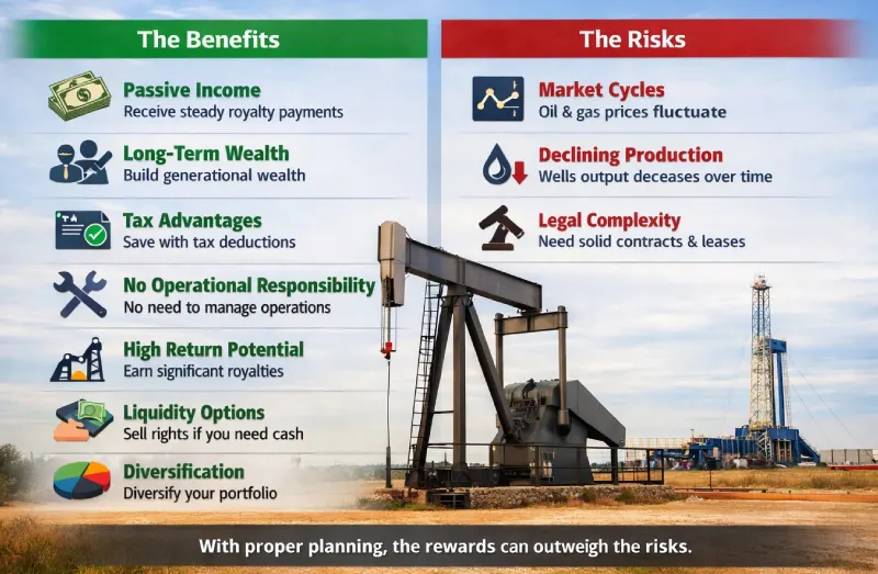 Here are the benefits and risks of owning mineral rights in Texas, condensed into concise, single-liner points