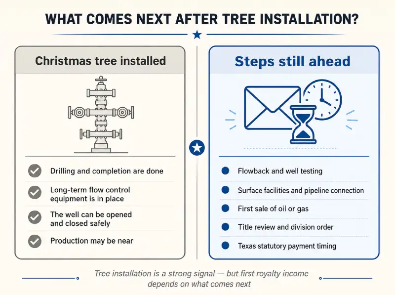 Two-panel comparison showing what Christmas tree installation signals to a mineral owner on the left versus what additional steps still separate the tree from a first royalty check on the right.