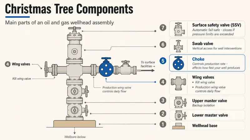 Labeled anatomy diagram of an oil and gas well Christmas tree showing master valves, wing valves, choke, swab valve, and surface safety valve with each component identified.