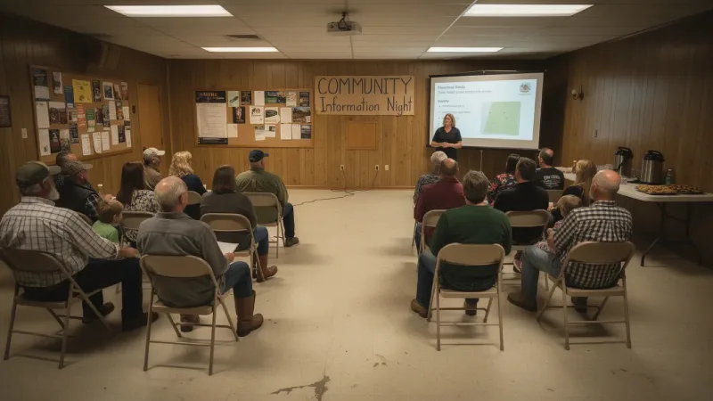 A rural community meeting hall is filled with people gathered for an informational meeting about natural gas production in the Haynesville Shale formation. Attendees, including mineral owners and local residents from northern Louisiana and east Texas, are engaged in discussions about the impact of gas production and hydraulic fracturing on their community.