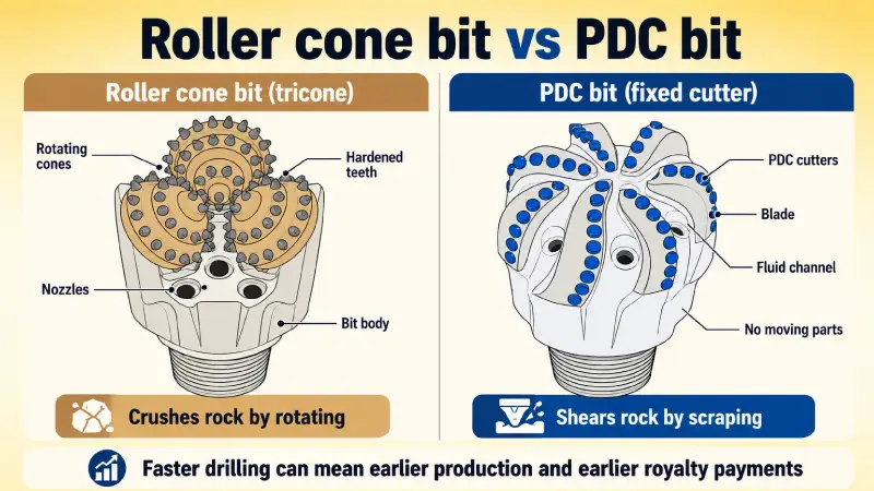 Side-by-side anatomy diagram comparing a roller cone tricone drill bit on the left with a PDC fixed cutter drill bit on the right, with key components labeled for each.