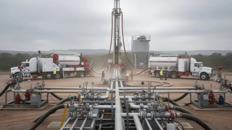 The image depicts modern hydraulic fracturing equipment at a well site, featuring multiple trucks and specialized machinery used for natural gas production in the Haynesville shale formation. This setup highlights the extensive operations involved in extracting recoverable gas from the earth's surface in regions like east Texas and northern Louisiana.
