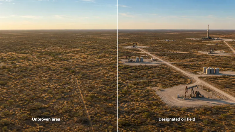 Side-by-side aerial comparison showing undeveloped Texas scrubland on the left and an active designated oil field with multiple producing well pads on the right.