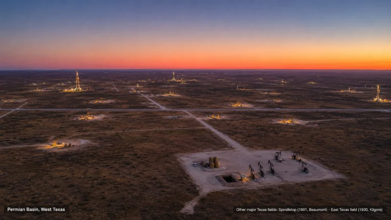 High aerial view of the West Texas Permian Basin oil field at dusk showing dozens of well pads, access roads, and drilling rigs spread across flat scrubland as far as the horizon, with three historic Texas oil fields labeled.