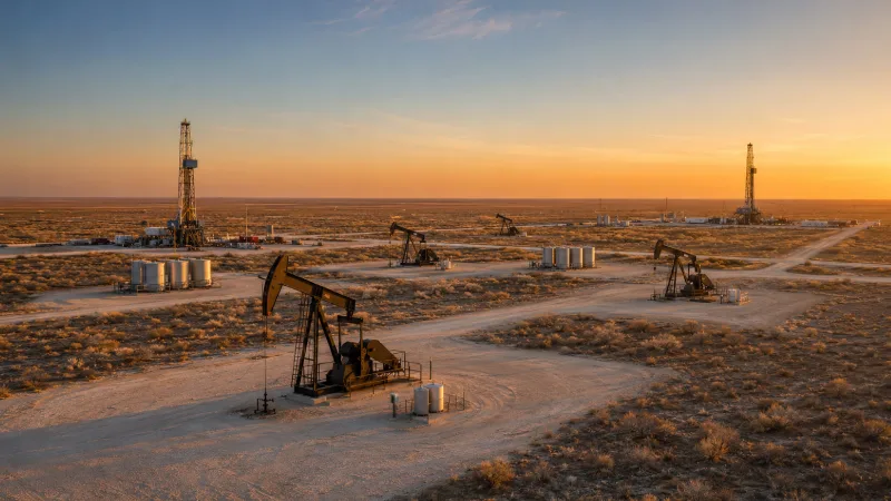 Wide golden hour view of an active Permian Basin oil field showing multiple drilling rigs, pumpjacks, and tank batteries spread across flat West Texas scrubland.