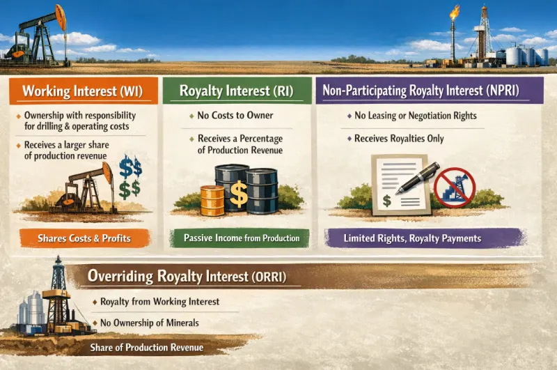 The different types of oil and gas royalties, including Working Interest (WI), Royalty Interest (RI), and Non-Participating Royalty Interest (NPRI). ORRI and mineral royalty structures showing ownership rights, production revenue shares, and cost responsibilities in oil and gas operations.