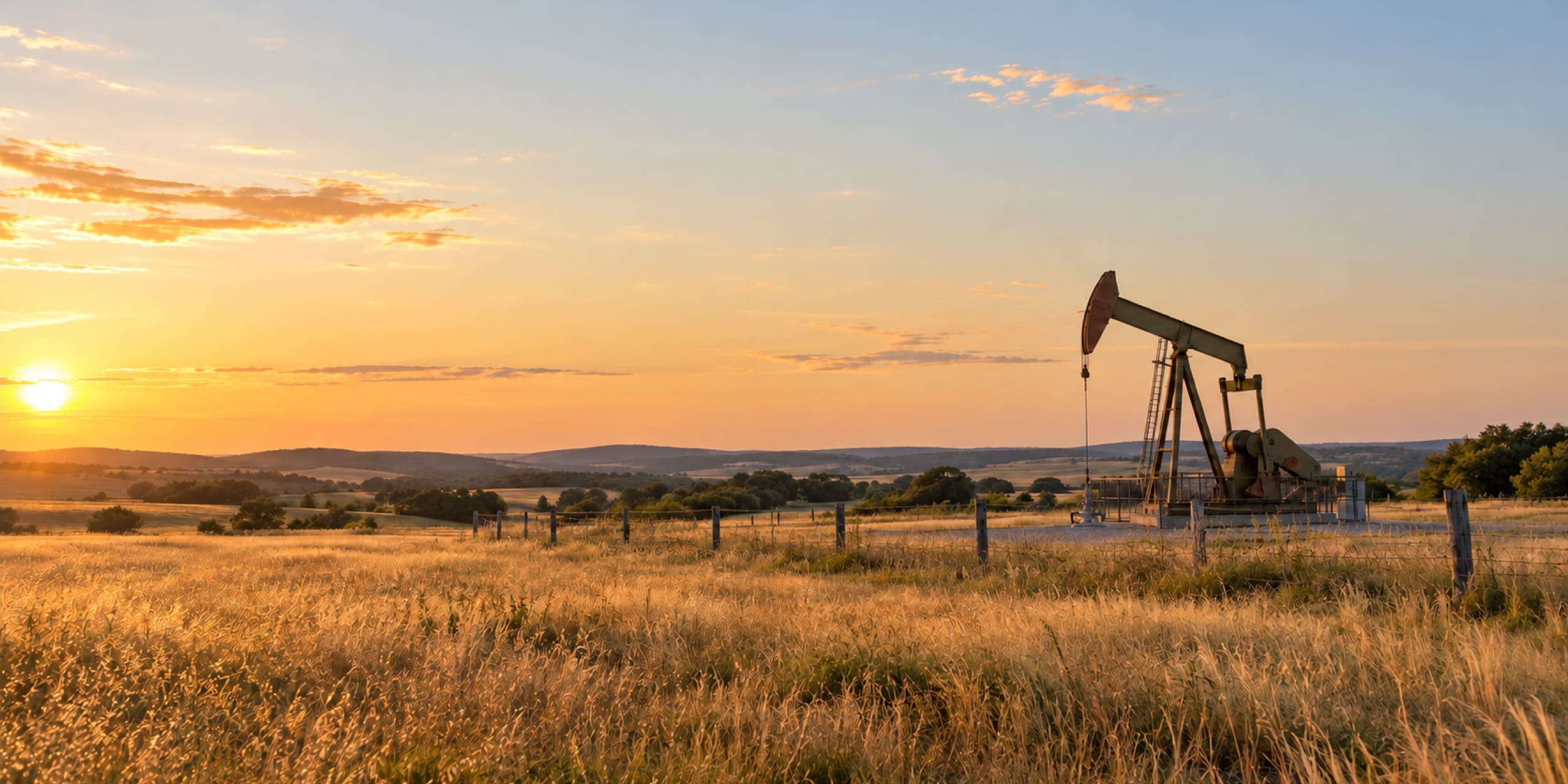 Pumpjack on open Texas ranch land at sunset