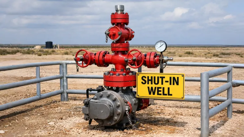 Oil and gas wellhead marked as shut-in, indicating halted production due to operational or transport constraints. Red valve assembly with pressure gauge and “Shut-In Well” sign showing temporary suspension of output.