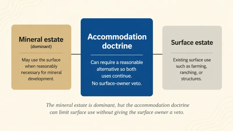 Diagram showing the dominant mineral estate with the right to reasonable surface use, a surface estate with an existing use, and the accommodation doctrine between them requiring a reasonable alternative so both uses can continue, without giving the surface owner a veto.