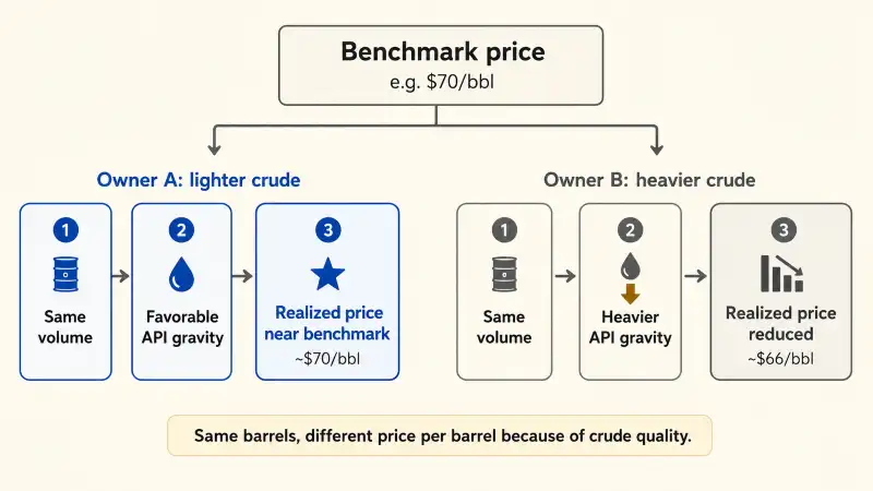 Flow diagram showing two mineral owners with identical oil volumes whose crude has different API gravity, leading through a benchmark price and a gravity adjustment to two different realized prices per barrel and therefore different royalty revenue.