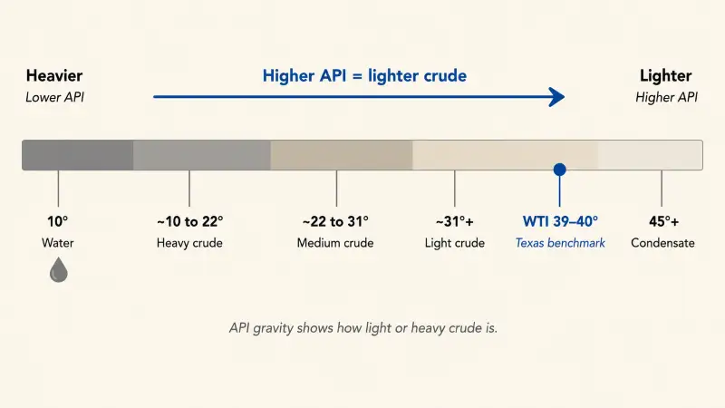 Horizontal API gravity scale running from heavy crude at low API numbers to light crude at high API numbers, with water marked at about 10 degrees and West Texas Intermediate marked around 39 to 40 degrees as a light sweet reference.