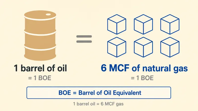 Conversion diagram showing that one barrel of crude oil equals six thousand cubic feet of natural gas in energy content, establishing the BOE barrel of oil equivalent calculation rule.