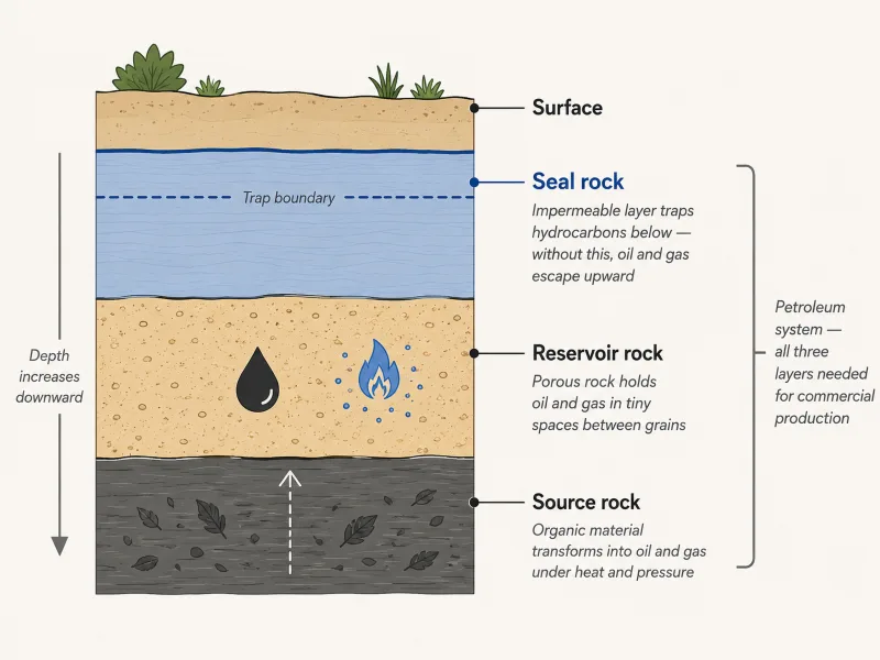 Geological cross-section diagram showing a petroleum system with seal rock trapping hydrocarbons above reservoir rock which holds oil and gas above source rock where hydrocarbons originally formed.