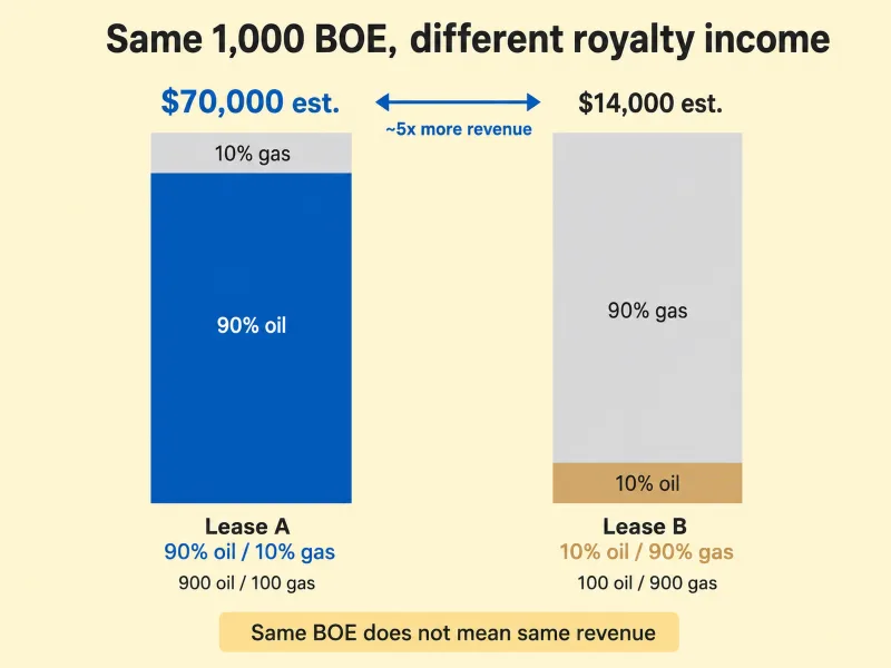 Bar chart showing that two leases each producing 1,000 BOE generate very different royalty revenue — the oil-heavy lease on the left earns substantially more than the gas-heavy lease on the right at the same BOE total.