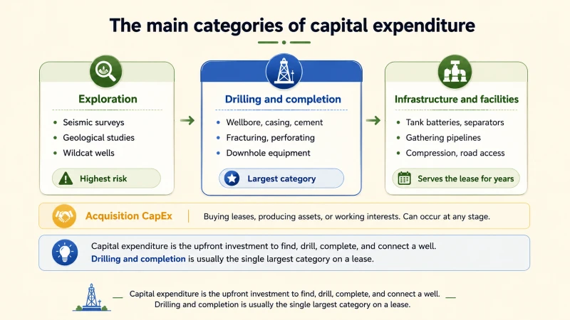 Diagram: the main categories of oil and gas capital expenditure by development phase, from exploration to drilling and completion to infrastructure and facilities.
